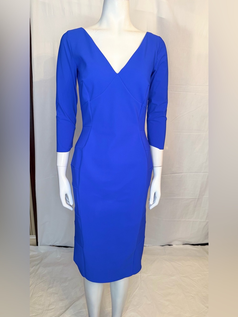 Chiara Boni V-Neck Royal Blue Long Sleeve Sheath Dress